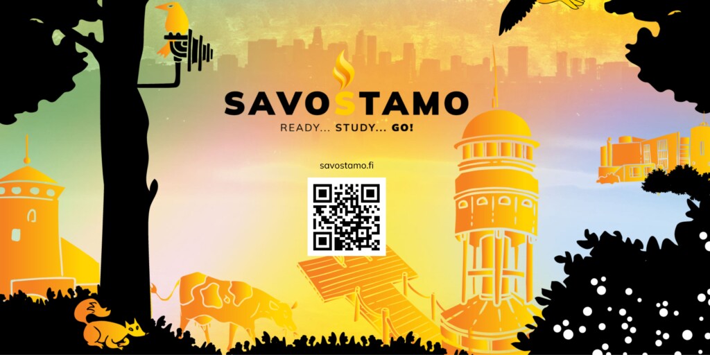 Savostamo-sivuston etusivu, mustakeltainen graafinen savolaismaisema.
