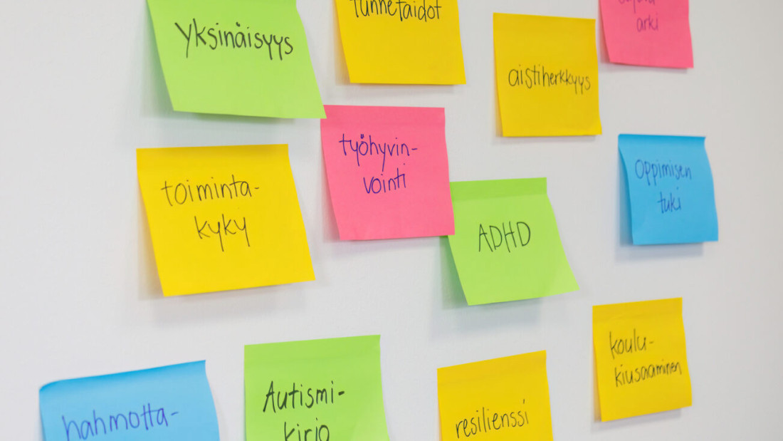 Post-it-lappuja seinällä, lapuissa sanoja kuten yksinäisyys, tunnetaidot, koulukiusaaminen, autismikirjo, oppimisen tuki ja toimintakyky.