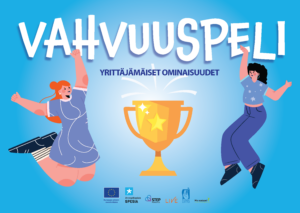 Piiroskuvassa Vahvuuspeli-otsikkon alapuolella pokaali, jonka yläpuolella lukee Yrittäjämäiset ominaisuudet