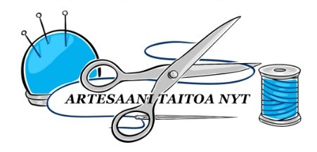 Piirroskuva neulatyynystä, saksista ja lankakerästä. Mukana teksti Artesaanitaitoa NYT. 