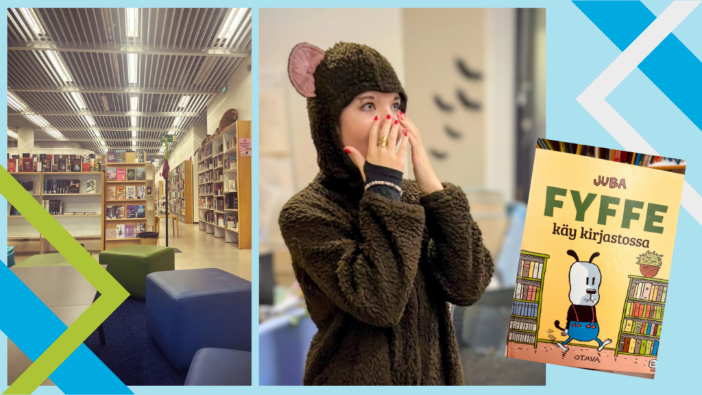 Yhdistelmäkuva: näkymä kirjastoon, nuori nainen nallepuvussa ja kirjan kansi "Fyffe käy kirjastossa".