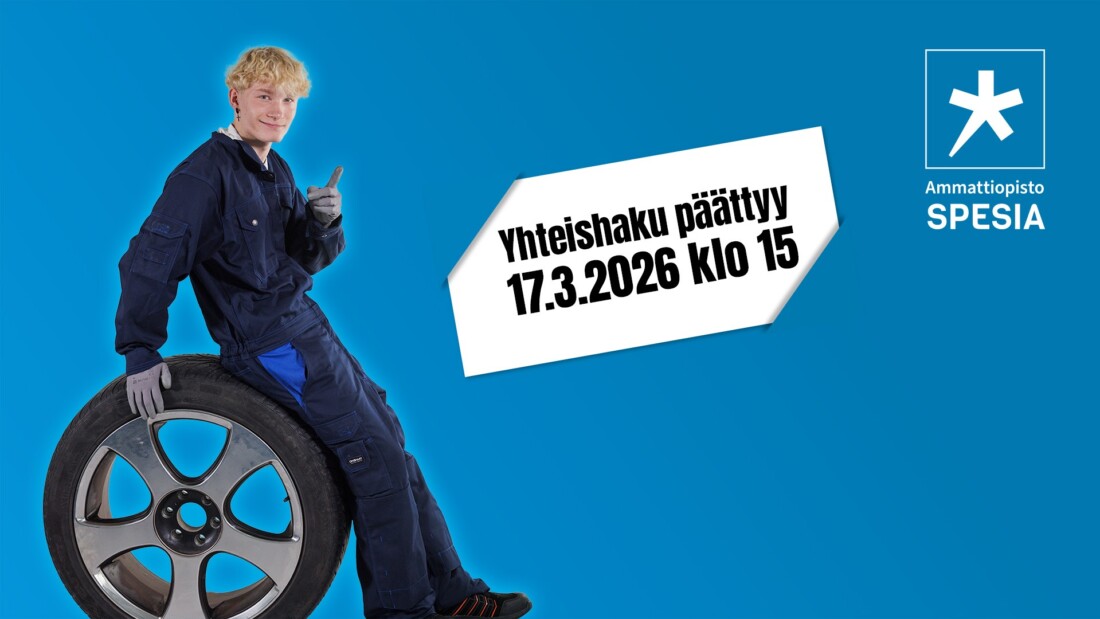 Nuori mies nojaa auton renkaaseen työhaalari päällään, isolla teksti "Yhteishaku päättyy 17.3.2026".