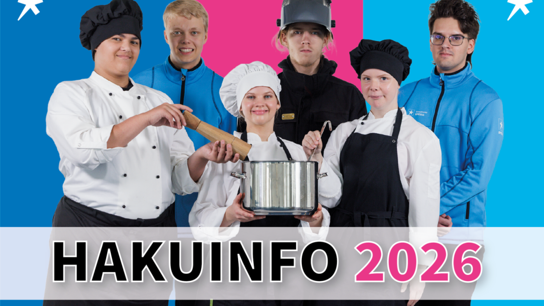 Joukko nuoria eri ammattien asuissa ja teksti "Hakuinfo 2026, Kysymyksiä ja vastauksia"