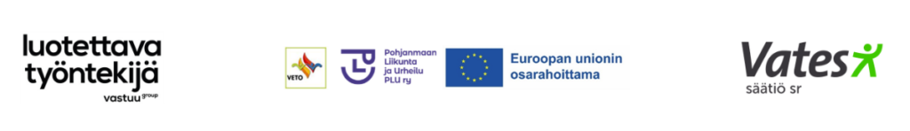Logopalkki, jossa Luotettava työntkeijä / Vastuu Group, VETO Pohjanmaan Liikunta ja Urheilu PLU ry, Europpan Unionin osarahoittama sekä Vates-säätiö sr.