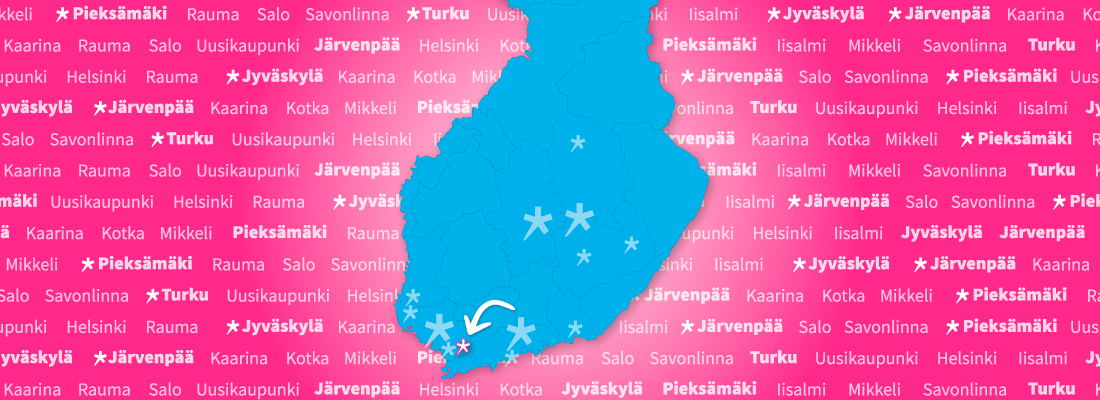Suomen kartta, johon merkitty Salo Spesian tähdellä.