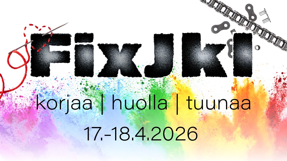 FixJkl-tapahtuman värikäs mainoskuva tekstillä "korjaa, huolla tuunaa 17.-18.4.2026".