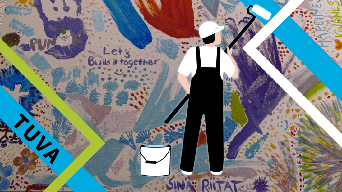Maalari maalaa telan kanssa, taustana rento kollaasimaalaus, jossa mm. teksti "sinä riität" sekä otsikkoteksti TUVA.