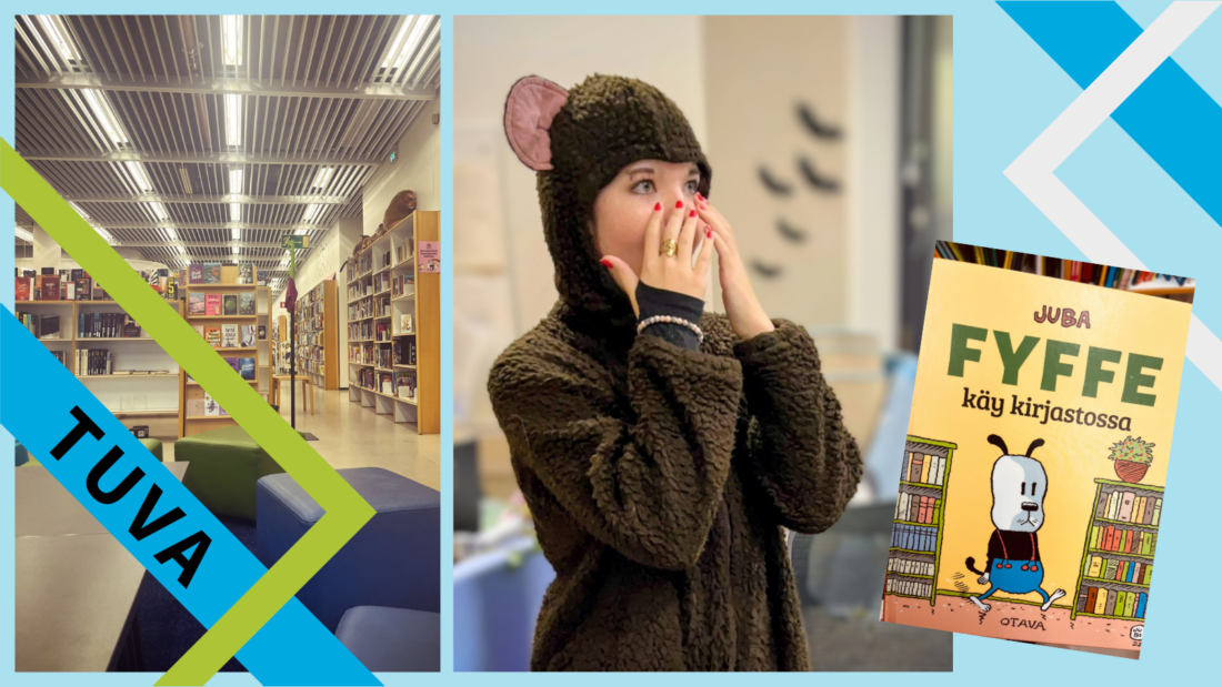 Kolme kuvaa: kirjastonäkymä, nuori nainen esiitymässä eläinasussa ja lasten kirjan kansikuva.