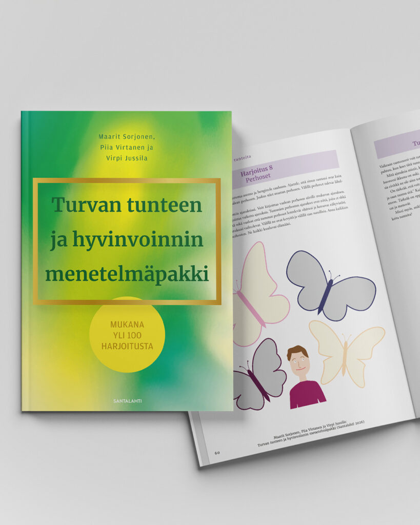 Turvan tunteen ja hyvinvoinnin menetelmäpakki ja vieressä sama kirja aukeama avattuna.