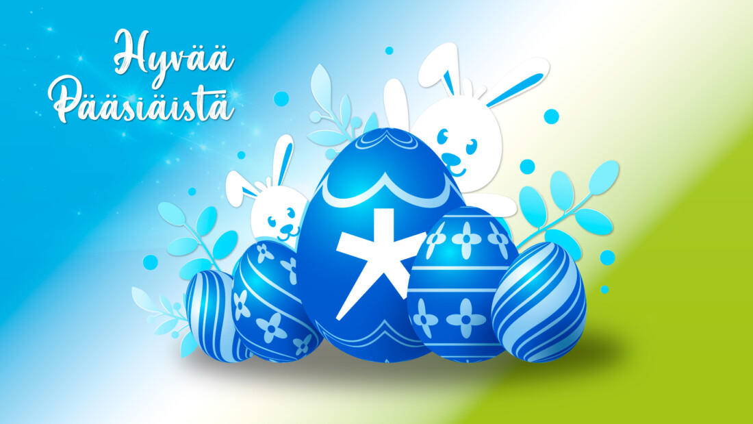 Kuvassa viisi sinistä pääsiäismunaa ja taustalla lukee hyvää pääsiäistä 2026.