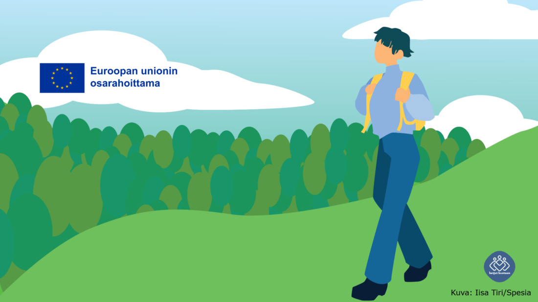 Piirroskuva henkilöstä, joka kävelee rinnettä alaspäin. Mukana Euroopan osarahoittama -logo.