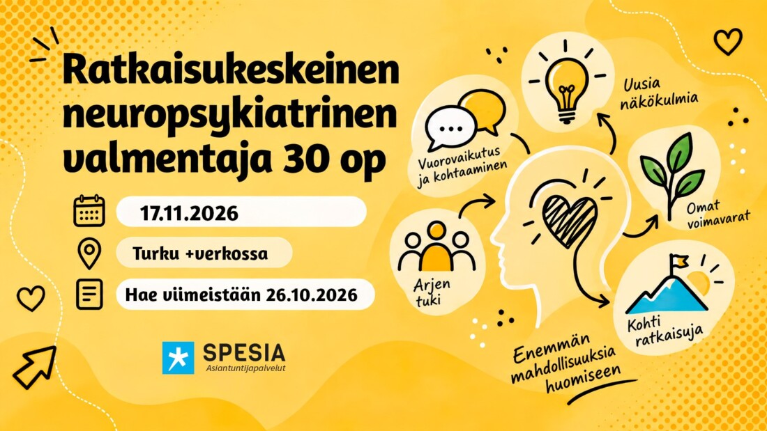 Spesian koulutusmainos: Ratkaisukeskeinen neuropsykiatrinen valmentaja 30 op, alkaa 17.11.2026 Turussa ja verkossa, hakuaika päättyy 26.10.2026.