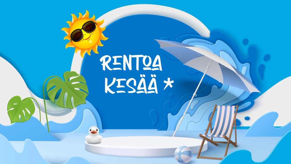 Kuvassa on aurinkovarjo, lepotuoli ja aurinko, jolla aurinkolasit päässä. Kuvassa lukee rentoa kesää.