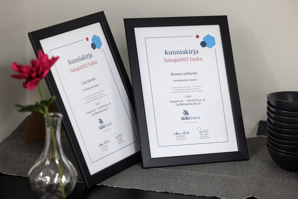 Taitaja-mitalistien diplomit kehyksissä.