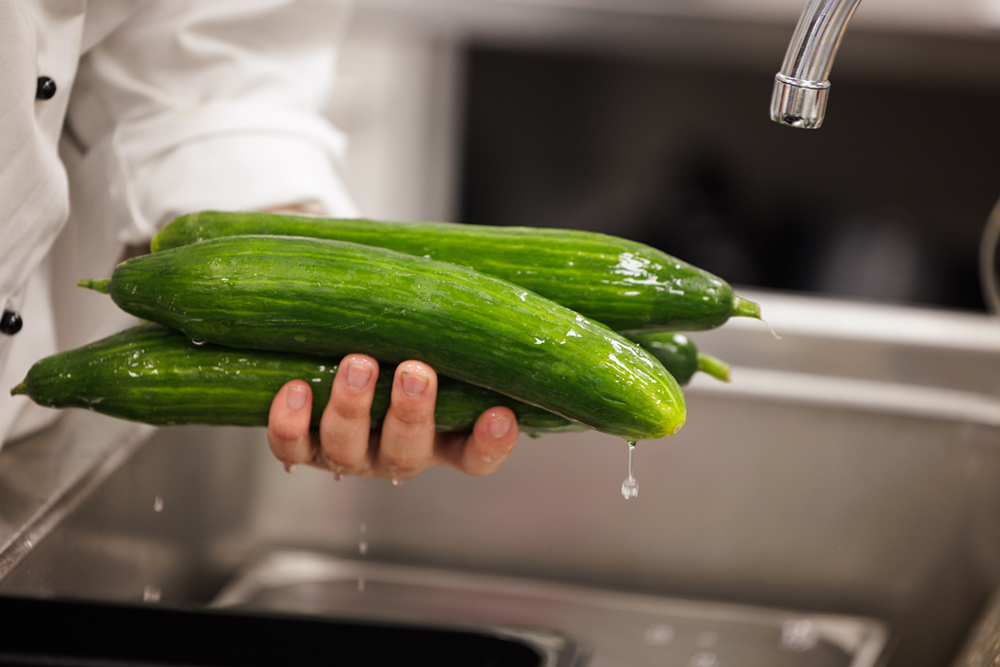 Tuoreita, vettä valuvia kurkkuja kokin kädessä.