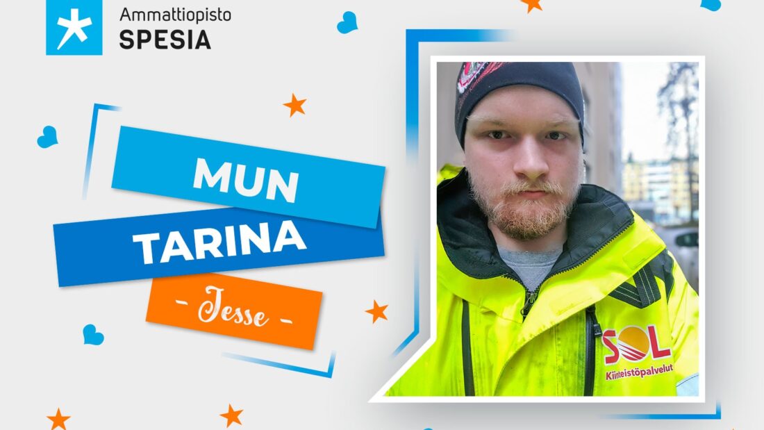 Graafinen kuvitus, jossa mukana Spesian opiskelijan Jessen henkilökuva. Mukana Spesian logo ja teksti "Mun tarina, Jesse".