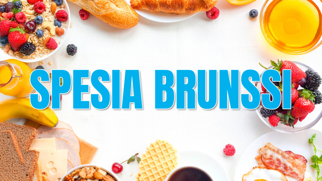 Raikas kattaus pikkupurtavaa ja otsikko "Spesia Brunssi".