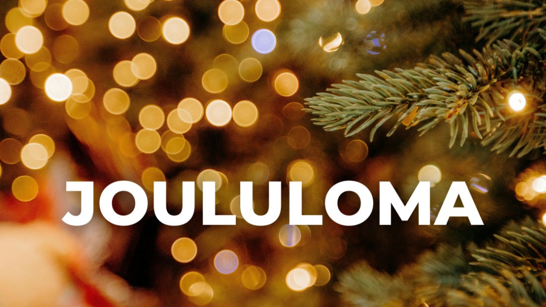 Jouluisia valoja, kuusen oksa ja teksti "joululoma".