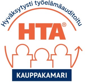 Kuvassa näkyy Hyväksytty työelämäauditoitu HTA® -merkki. Merkin keskellä on teksti ”HTA®”, yläreunassa kaarevasti teksti ”Hyväksytty työelämäauditoitu” ja alareunassa teksti ”Kauppakamari”. Merkin grafiikassa on kolme henkilöä kuvaavaa symbolia ympyrän sisällä.