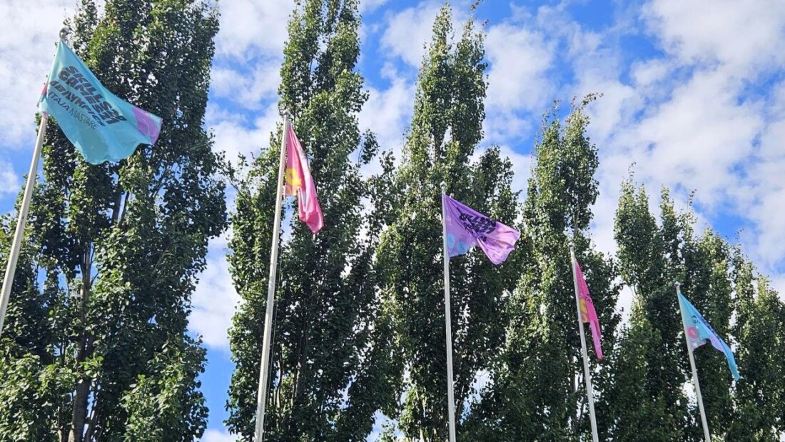 Abilympics Helsinki 2027 -kisalippuja liehuu lipputangoissa puiden reunustamalla alueella sinistä taivasta vasten.
