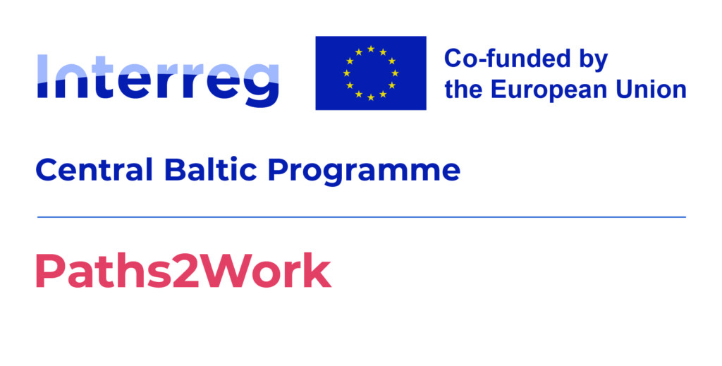Interreg Central Baltic Programme -ohjelmalogo, jossa EU:n lippu ja teksti "Co-funded by the European Union" sekä punainen Paths2Work-hankkeen nimi.