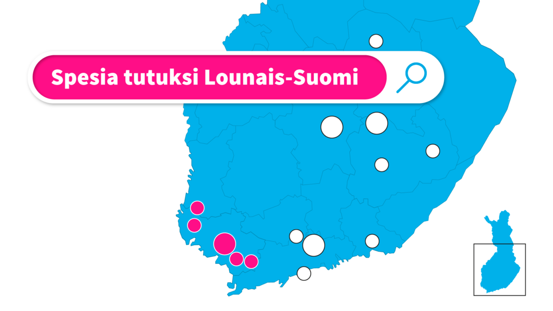 Lounais-Suomen toimipaikat merkattu Suomen kartalle sekä tekstinä tapahtuman otsikko "Spesia tutuksi Lounais-Suomi".