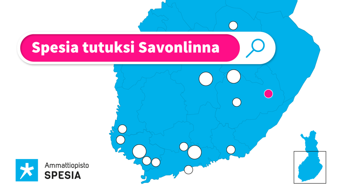 Savonlinna merkattu Suomen kartalle sekä tekstinä tapahtuman otsikko "Spesia tutuksi Savonlinna".