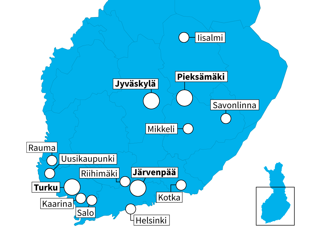 Map of Finland with Spesia's locations: Iisalmi, Jyväskylä, Pieksämäki, Savonlinna, Mikkeli, Rauma, Uusikaupunki, Turku, Kaarina, Järvenpää, Kotka and Helsinki.
