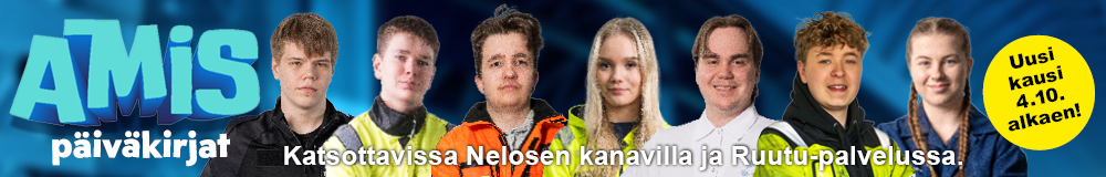 Amispäiväkirjat-ohjelman mainosbanneri, jossa näkyy kuusi opiskelijaa rinnakkain sinisävyisellä taustalla. Vasemmalla on Amispäiväkirjat-logo ja oikealla keltainen ympyrä, jossa lukee ”Uusi kausi 4.10. alkaen!”. Kuvan alareunassa on teksti: ”Katsottavissa Nelosen kanavilla ja Ruutu-palvelussa.”