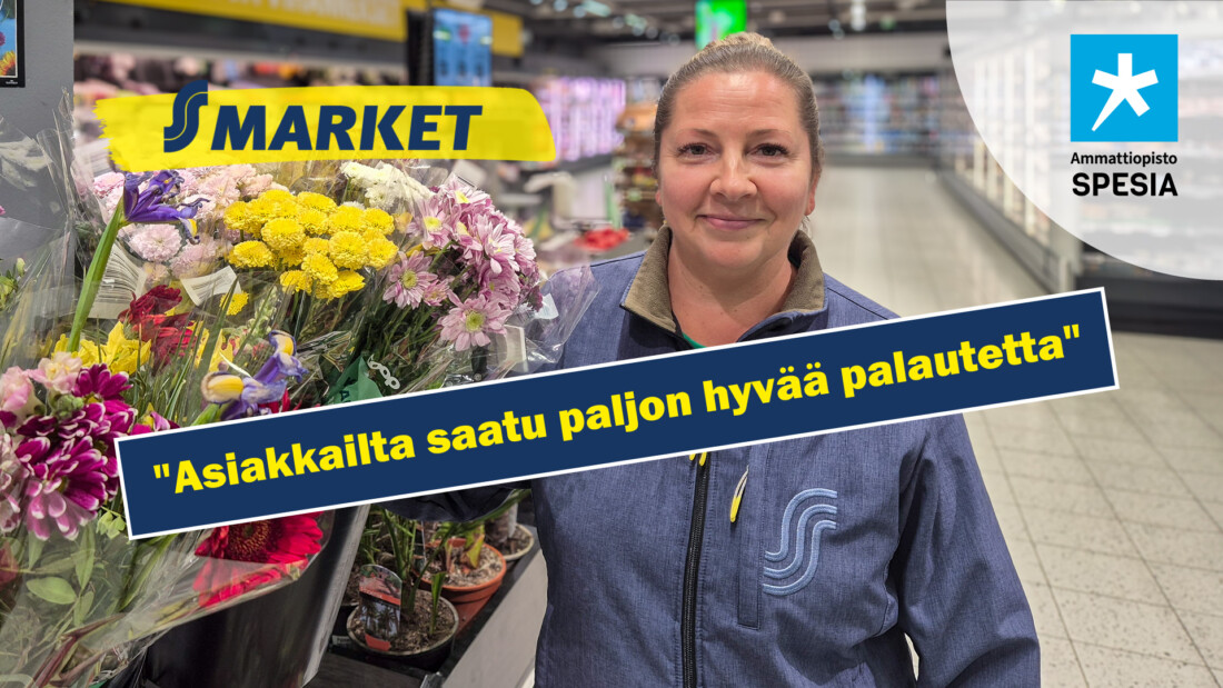 S-market Tourulan marketpäällikkö myymälässä ja sitaatti "Asiakkailta saatu paljon hyvää palautetta"