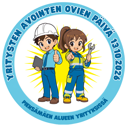 Yritysten avointen ovien päivä 13.10.2026 Pieksämäen alueen yrityksissä. Kuvituksessa kaksi työasuihin pukeutunutta hahmoa, joilla on työvälineitä.