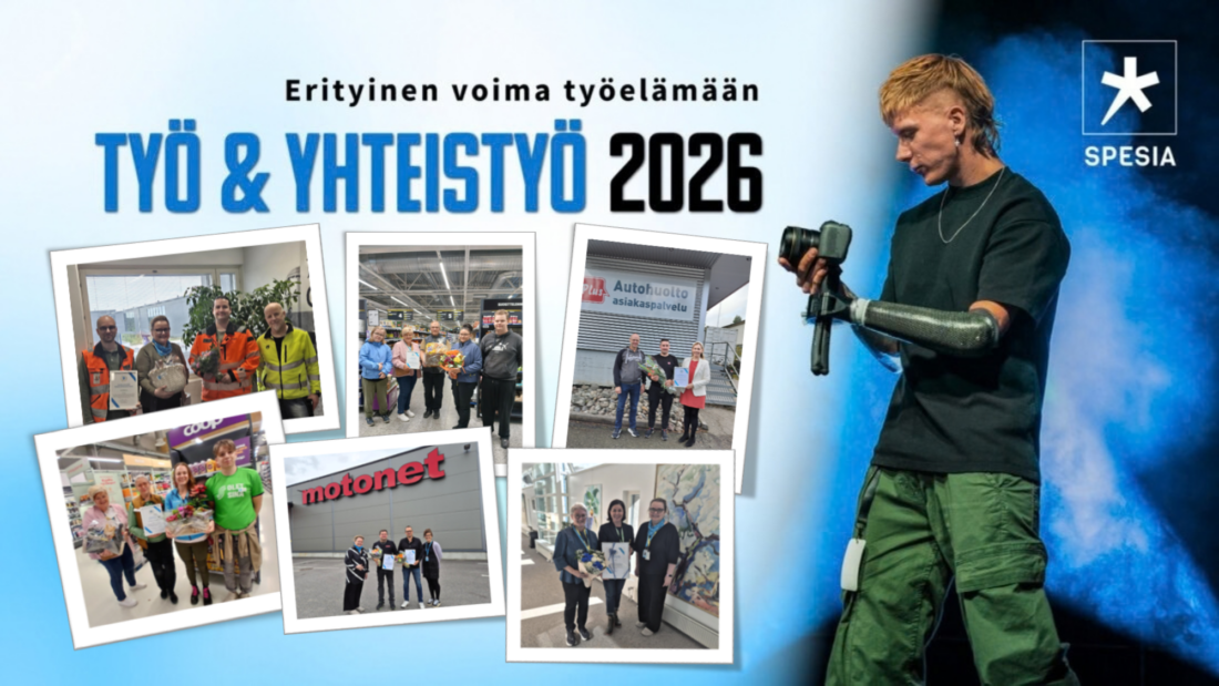 Työ & Yhteistyö 2026 -tapahtuman mainoskuva, jossa on valokuvakollaasi työelämäkumppaneiden palkitsemisista sekä Spesian tapahtumalogo.